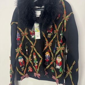 NWT  Beaded Nutcracker and Bows Christmas Sweater Removable Collar Size Large